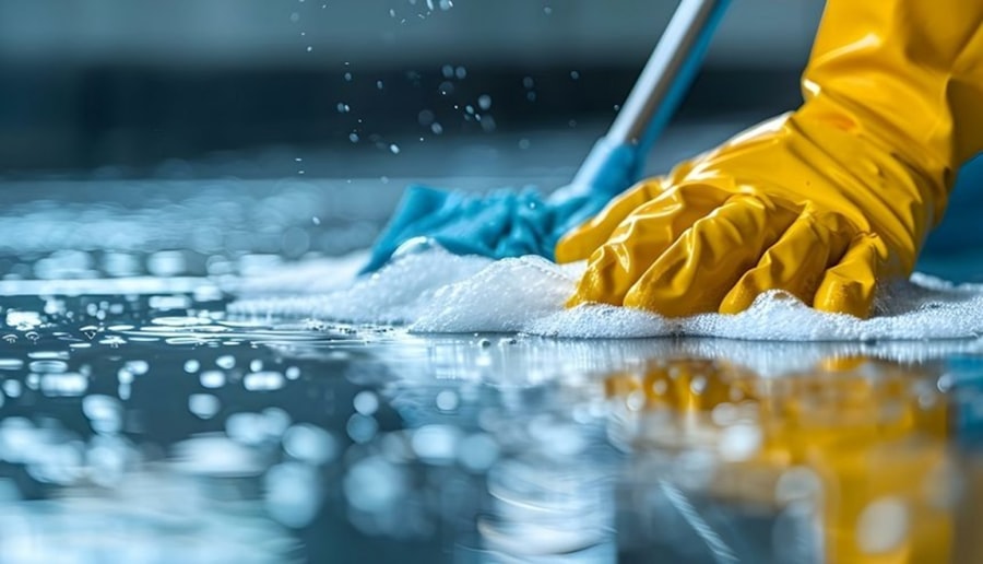 Limpieza de pisos con trapero y guantes
